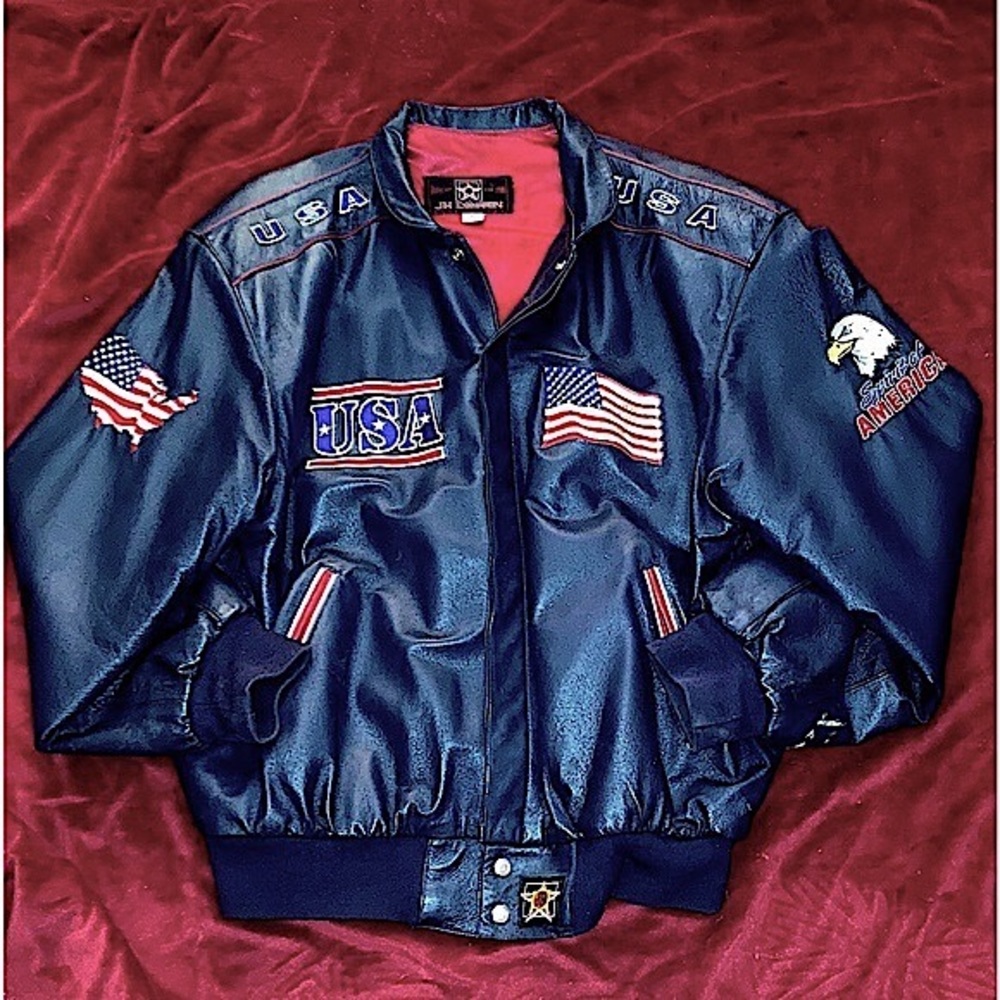 JH Design🇺🇸Blue USA Leather Bomber Jacket *911 Commemorative LTD Edition* Sz L